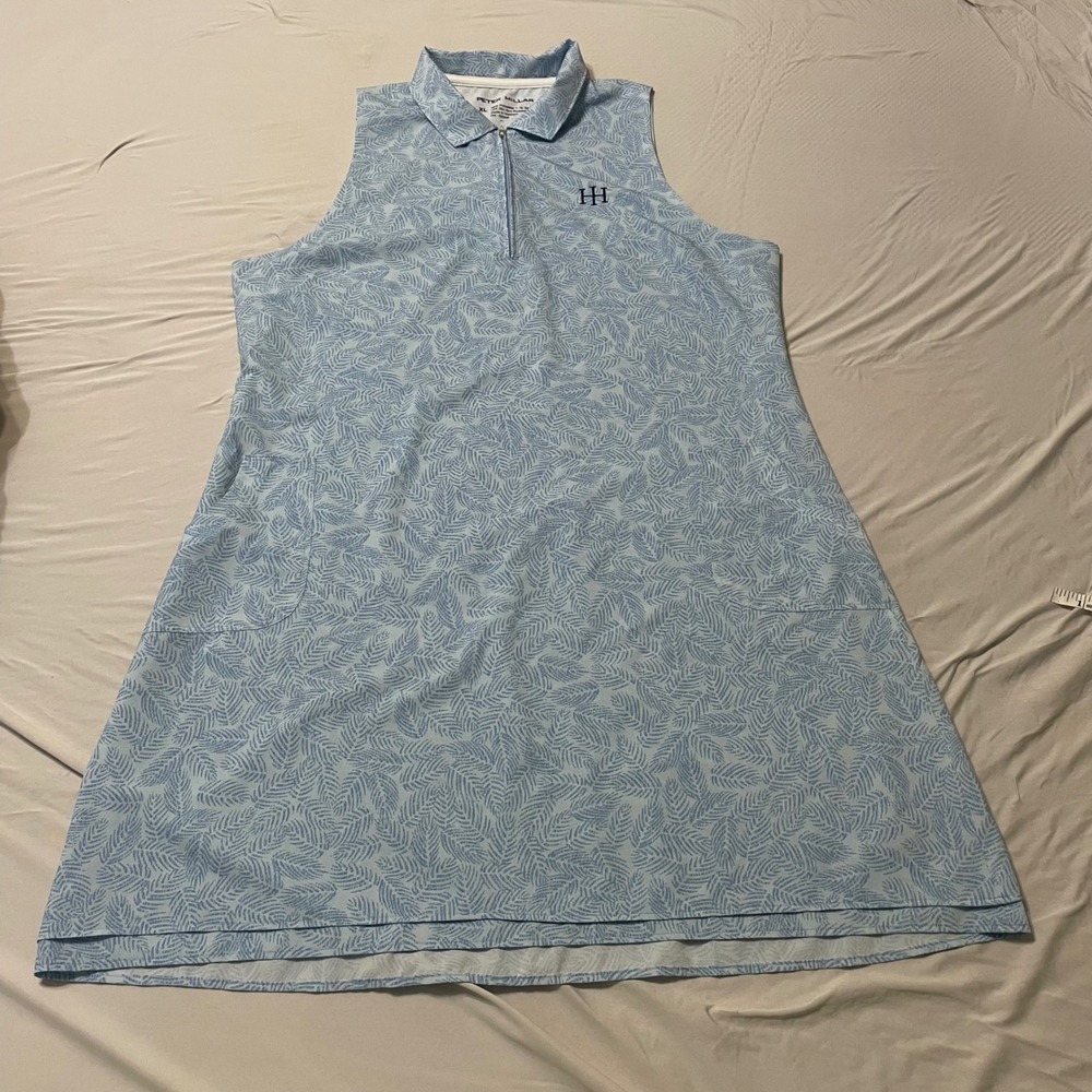 Peter Millar Golf Dress Women XL Blue Palm Leaf Print Sleeveless Quarter Zip UPF